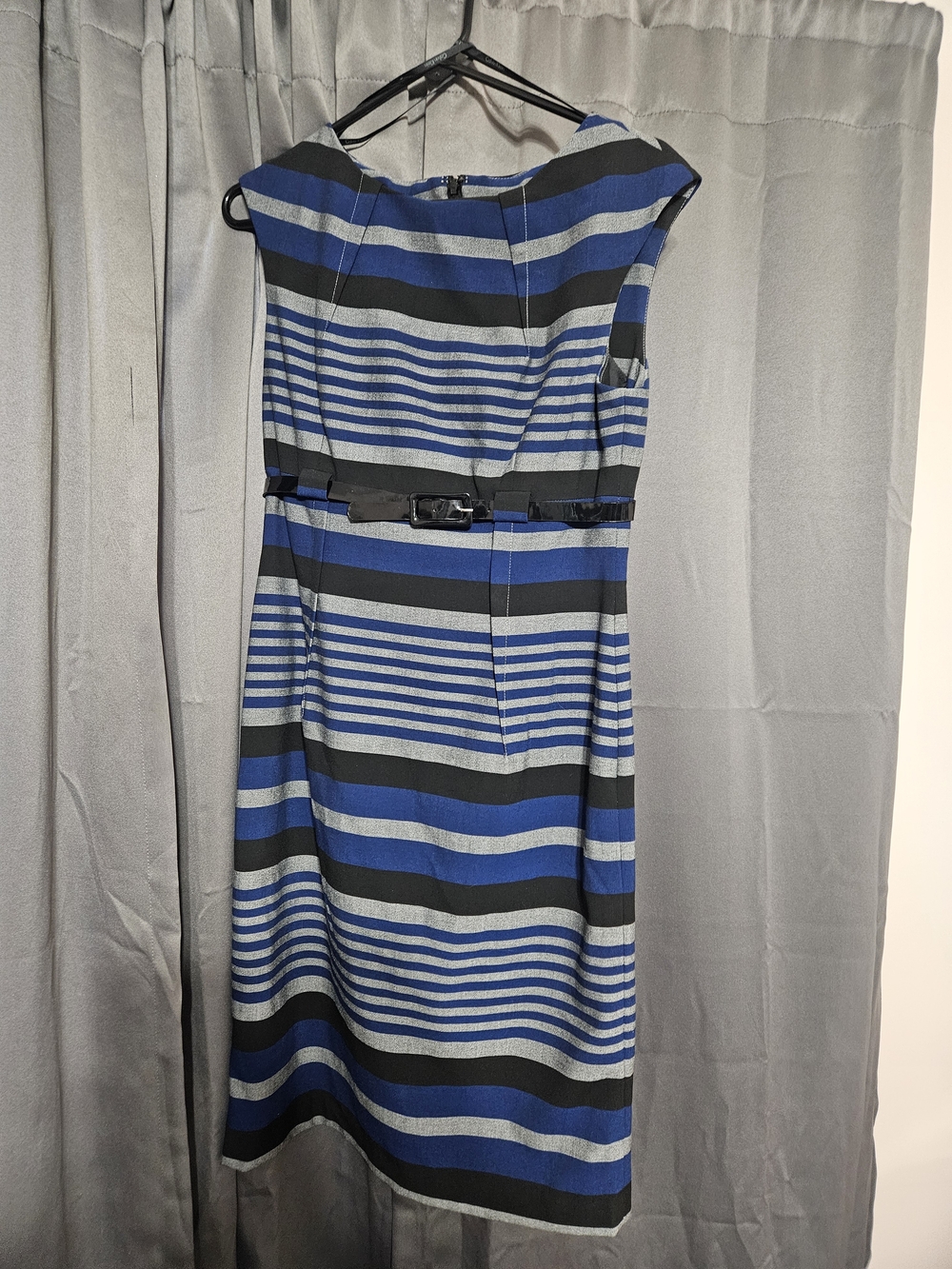 Calvin Klein Blue and Gray Striped Belted Sheath Midi Dress